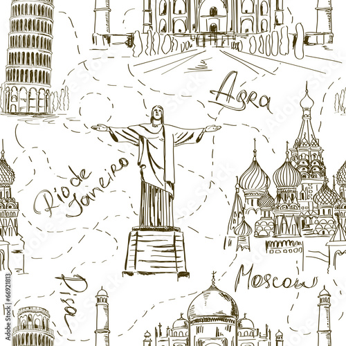 Naklejka - mata magnetyczna na lodówkę Seamless pattern of famous landmarks