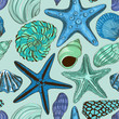 Seamless pattern of seashells and starfish
