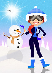 Sticker - girl making snowman