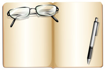 An Empty Book With An Eyeglass And A Ballpen