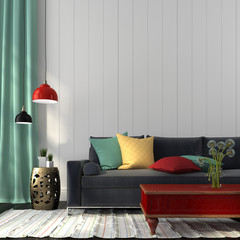 Wall Mural - Style interior with dark blue sofa and a red table