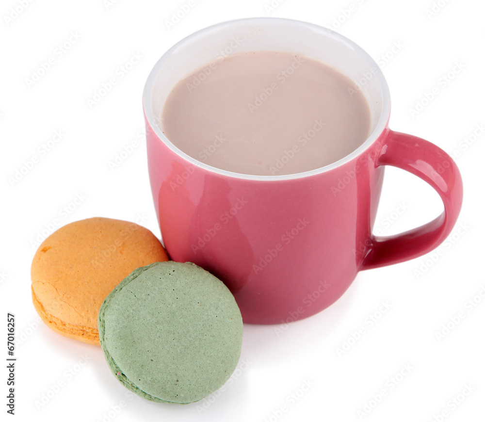 Cocoa drink  and macaroni isolated on white