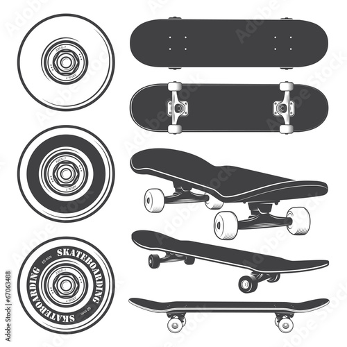 Fotografía Set of skateboards and skateboarding wheels.