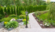 Landscape design in home garden, landscaping of backyard or yard of residential house