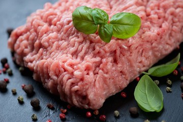 Wall Mural - Raw turkey minced meat with spices, close-up, horizontal shot