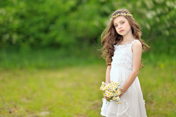 Wall Mural - portrait of a beautiful little girl with chamomile