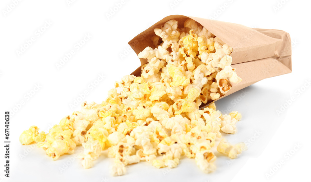 Popcorn in paper bag isolated on white
