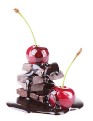 Wall Mural - Cherries and chopped chocolate isolated on white