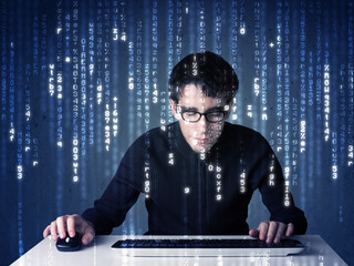 Fototapete - Hacker decoding information from futuristic network technology