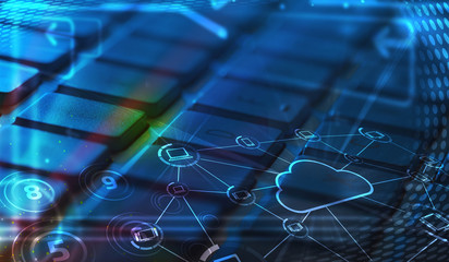 Keyboard with glowing cloud technology icons