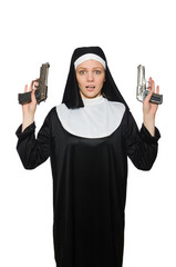 Wall Mural - Nun with handgun isolated on white