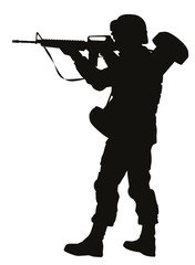 Sticker - Soldier with rifle aiming. Detailed vector silhouette