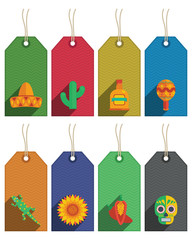 Poster - mexican gift tags vector sombrero cactus maraca dahlia lizard skull teuila clipart with copy space isolated on white