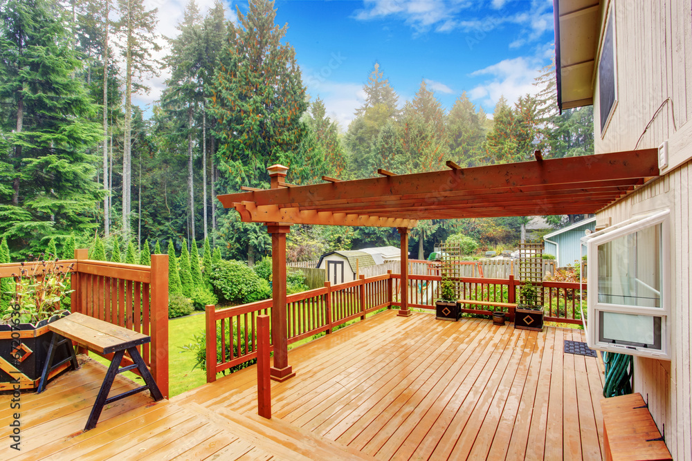 Walkout deck with attached pergola - obrazy, fototapety, plakaty 