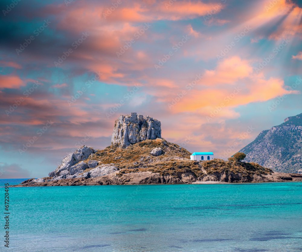 View on small island of Kastri near Kefalos town, Kos island (Gr - obrazy, fototapety, plakaty 