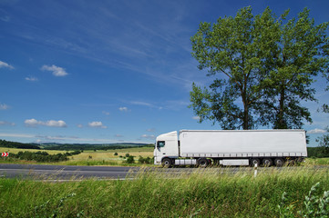 Wall Mural - rural landscape with white truck on the road