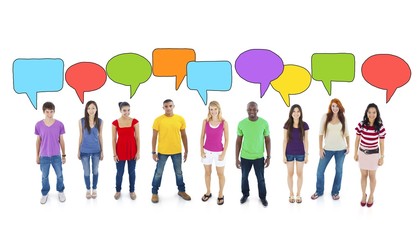 Wall Mural - Multiethnic Group of Teenagers with Speech Bubbles