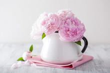 Beautiful Pink Peony Flowers Bouquet In Vase