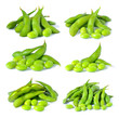 Set of green soybeans on white background