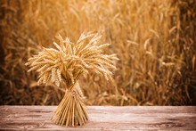 Sheaf On Wooden Table On Background Field