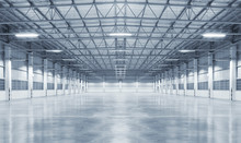 Concrete Floor Inside Industrial Building. Use As Large Factory, Warehouse, Storehouse, Hangar Or Plant. Modern Interior With Metal Wall And Steel Structure With Empty Space For Industry Background.
