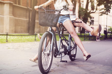Part Of Boho Girls Legs During Riding Tandem Bike