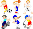 Funny boy cartoon character doing sport