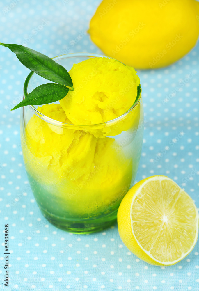 Delicious ice cream in glass on table close-up