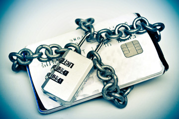 Wall Mural - chained credit cards security lock with password