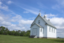 Little White Church On The Prairie Countryside.