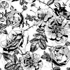 Wall Mural - Black and White Floral Seamless Background