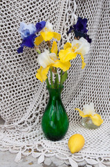 Wall Mural - still life bouquet with blue and yellow irises