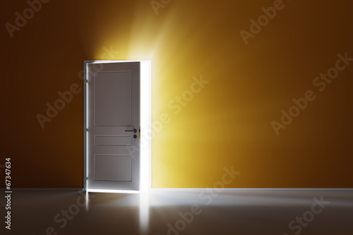 Fotografie, Obraz Rays of light through the open white door on orange wall