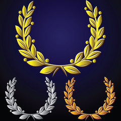 vector set of golden laurel wreaths, silver, bronze