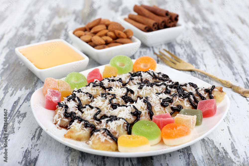 Sweetened fried banana on plate, close-up