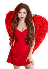 Wall Mural - Beauty Glamorous angel girl with red wings and wavy long healthy