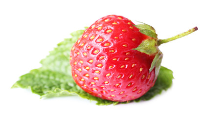 Ripe strawberry with mint leaf isolated on white