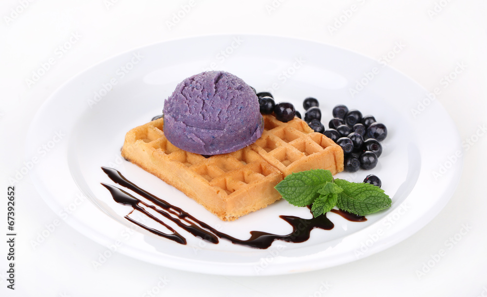 Tasty belgian waffles with ice cream, isolated on white