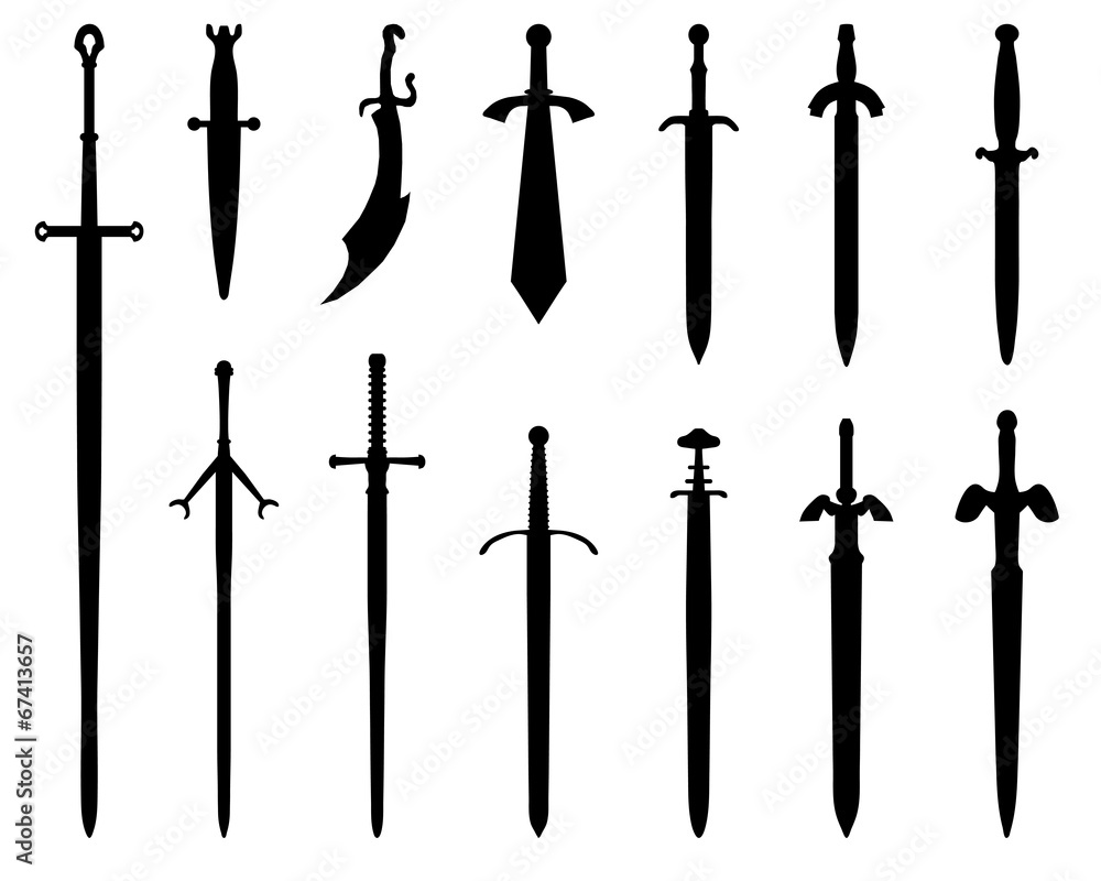 Black silhouettes of swords on a white background, vector Stock Vector ...