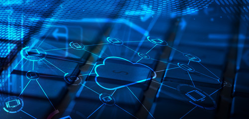 Keyboard with glowing cloud technology icons
