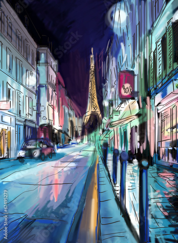 Naklejka - mata magnetyczna na lodówkę Street in paris. Eiffel tower - illustration