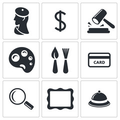 Museum, auction sale icon set