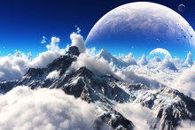 Celestial View Of Snow Capped Mountains And An Alien Planet.