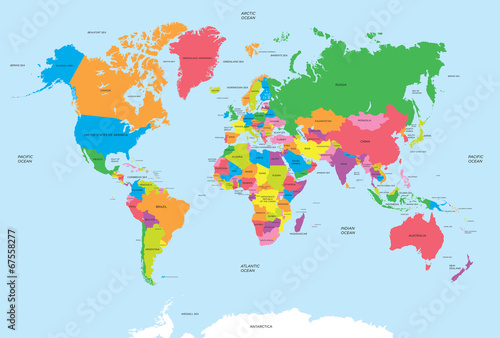 Obraz w ramie Kolorowa polityczna mapa świata 