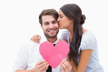 Poster - Pretty brunette giving boyfriend a kiss and her heart