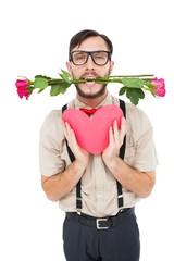 Poster - Geeky hipster offering valentines gifts