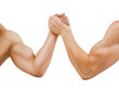 © kalcutta - Two muscular hands clasped arm wrestling, isolated on white