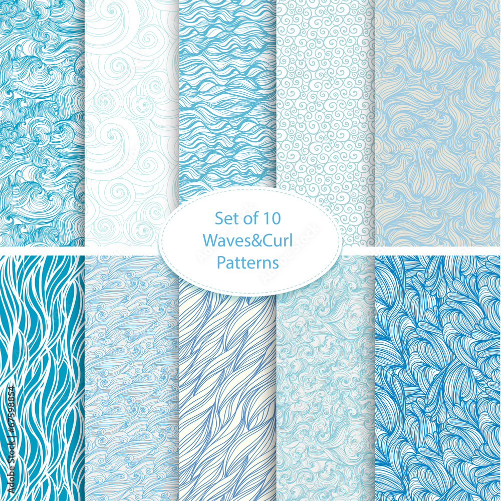 Set of 10 seamless waves and curls backgrounds - obrazy, fototapety, plakaty 