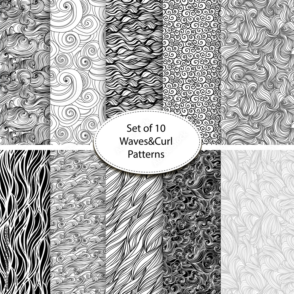 Set of 10 seamless waves and curls backgrounds - obrazy, fototapety, plakaty 