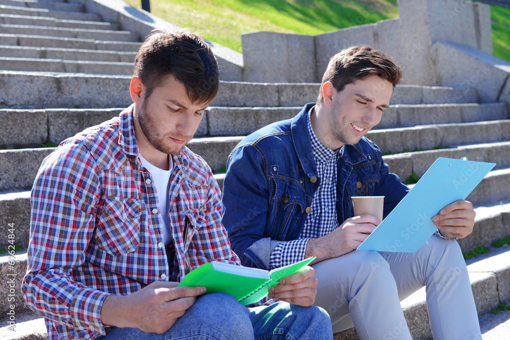 Happy students sitting on stairs in park